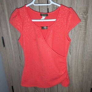 *3 FOR $9* Beware! Crepe Melon Short Sleeve Cross Over Metal Accent Top Shirt M